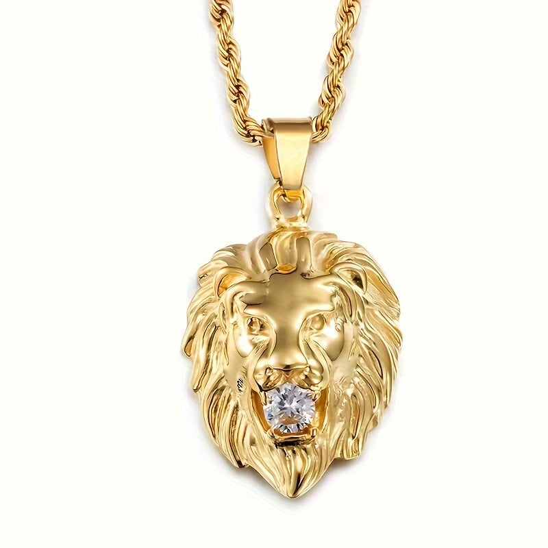 1pc Classic Punk Synthetic Zirconia Lion Pendant Necklace Men'S Metal Rock Party Jewelry
