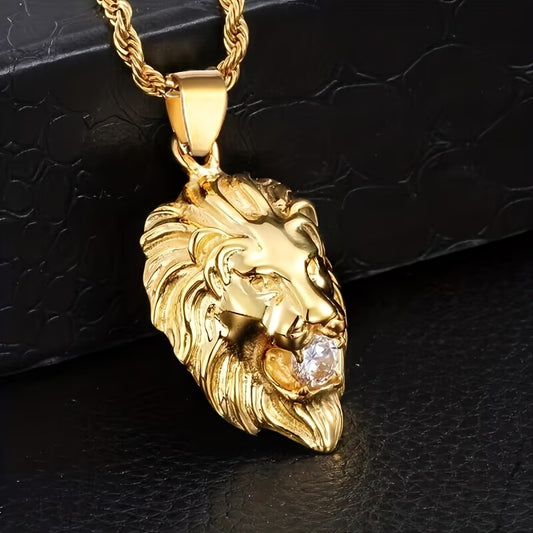 1pc Classic Punk Synthetic Zirconia Lion Pendant Necklace Men'S Metal Rock Party Jewelry